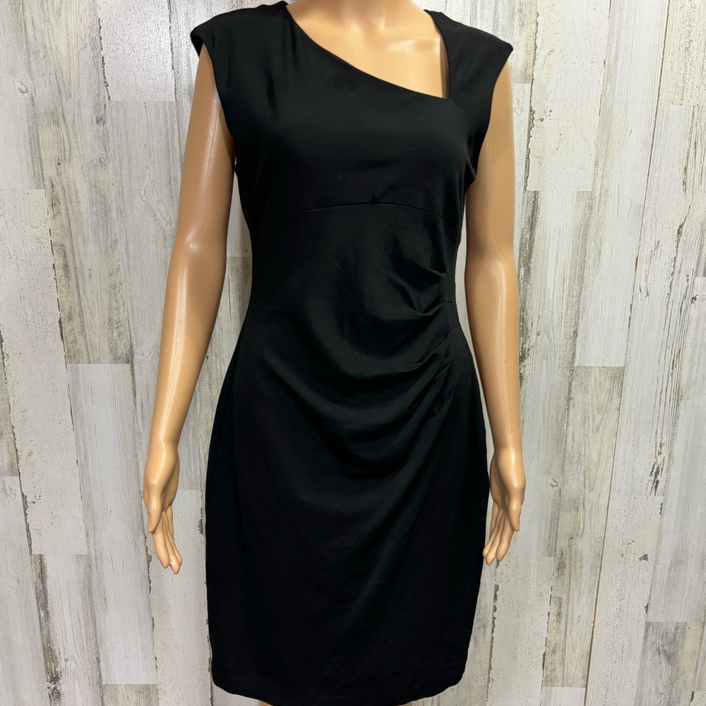 Caché Vintage Asymmetrical Neckline Side Ruched Dress